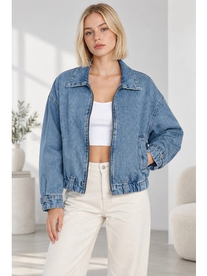 Mevese Kadın Fermuarlı Kemerli Oversize Denim Ceket - Beli Kemer Detaylı Kot Ceket - Mavi