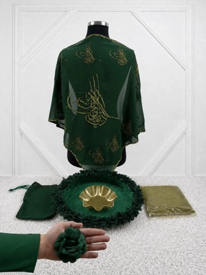 Azra Kına Yeşil Tuğralı Şifon Asker Damat Şalı Örtüsü-Kına Tepsisi-El Gülü- Toz Kına, Asker Damat Örtüsü Seti, Kına Gecesi Malzemeleri Seti