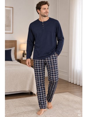 Koza İç Giyim Erkek Pamuklu Uzun Kollu Önü Patlı Ekose Desenli Pijama Takımı