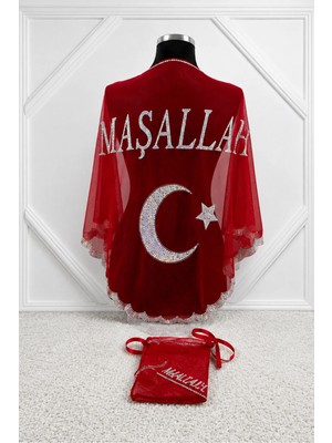 Azra Kına Kırmızı Ayyıldızlı Maşallah Pullu Örtü, Sünnet, Mevlid Töreni, Sünnet Omuz Örtüsü Sünnet Şalı, Kına Örtüsü