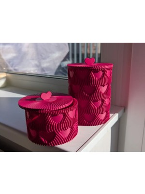 3D Baskı Kalp Kapaklı Dekoratif Saklama Kutusu Takı Aksesuar Organizer Kavanoz Dalgalı Desen Fuşya