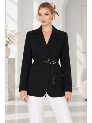 Mevese Kadın Astarlı Garni Kol Detaylı Kemerli Blazer Ceket - Kuşaklı Şık Ceket - Siyah