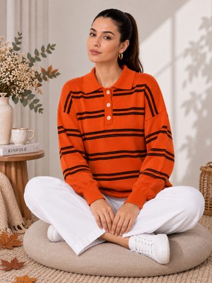Defka Kadın Çizgili Polo Yaka Triko Kazak