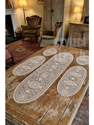 TeknoKapsül Salon Takımı 5 Parça Dantelli Masa Örtüsü Runner Seti
