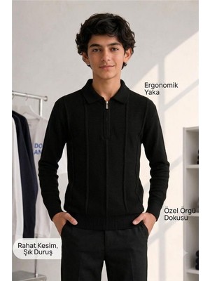 Pina Kids Erkek Çocuk Fermuarlı Polo Yaka Fitilli Triko Kazak TRK11011