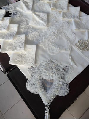 TeknoKapsül 12 Kişilik Masa Örtüsü Takımı, Masa Seti 12 Kişilik 26 Parça 160X220CM Yarım Dantelli