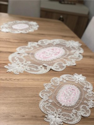 TeknoKapsül Salon Oda Takımı Dantelli Runner Set Üç Parça