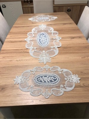 TeknoKapsül Salon Oda Takımı Dantelli Runner Set Üç Parça
