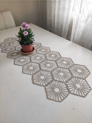TeknoKapsül Fransız Dantel Detaylı Tek Runner, Masa Üzerine Runner, Masa Örtüsü Runneri Kahve
