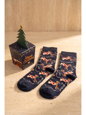 Bony Socks Unisex Marry Christmas Kutulu Geyik Desenli Soket Yılbaşı Çorabı
