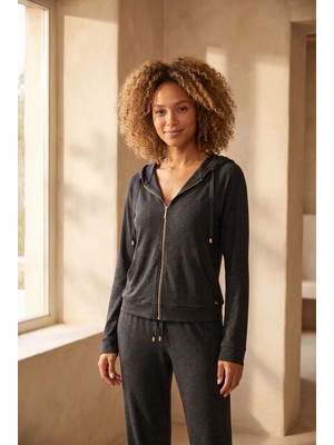 Katia & Bony Kadın Kapüşonlu Fermuarlı Basic Sweatshirt Antrasit