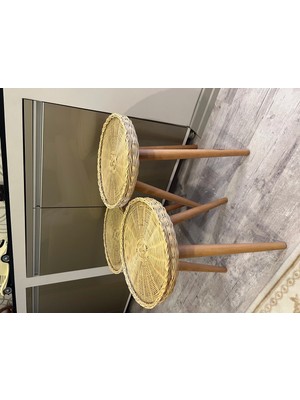 Atölye Life Rattan 3’lü Zigon Sehpa – El Yapımı Hasır Örgü, Camlı, Vernikli, Ahşap Ayaklı