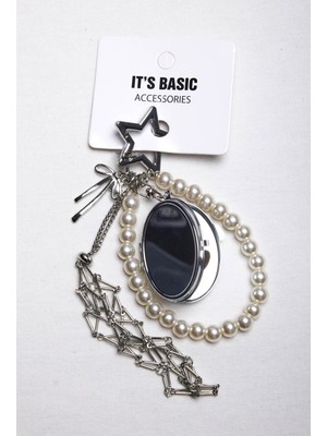 It's Basic Gümüş Renk Ayna ve Inci Detaylı Çoklu Charm Anahtarlık Çanta Telefon Denim Aksesuarı