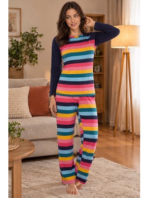 Derya Kurşun Bisiklet Yaka Uzun Kol Renkli Pijama Takım 760