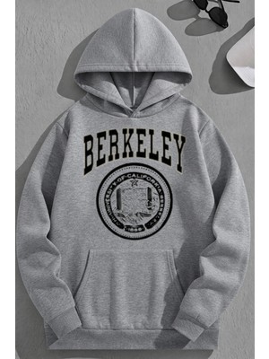 Kozz Style Unisex 3 Iplik Pamuklu Gri Berkeley Baskı Bol Kalıp Sweatshirt Hoodie