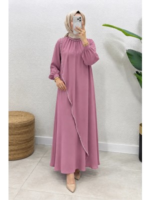 Abiye Diyarı Krep Kumaş Kenarları Taş İşlemeli Nazende Elbise- Pembe