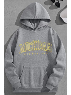Kozz Style Unisex 3 Iplik Pamuklu Gri Yellowmichigan Baskı Bol Kalıp Sweatshirt Hoodie