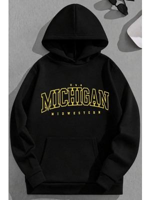 Kozz Style Unisex 3 Iplik Pamuklu Siyah Yellowmichigan Baskı Bol Kalıp Sweatshirt Hoodie