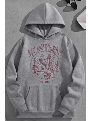 Kozz Style Unisex 3 Iplik Pamuklu Gri Montana Baskı Bol Kalıp Sweatshirt Hoodie