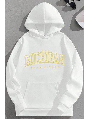 Kozz Style Unisex 3 Iplik Pamuklu Beyaz Yellowmichigan Baskı Bol Kalıp Sweatshirt Hoodie