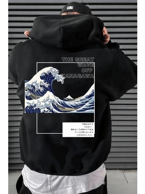 Kozz Style Unisex 3 Iplik Pamuklu Siyah Kanagawa Bol Kalıp Sweatshirt Hoodie