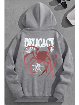 Kozz Style Unisex 3 Iplik Pamuklu Gri Delicacy Baskı Bol Kalıp Sweatshirt Hoodie