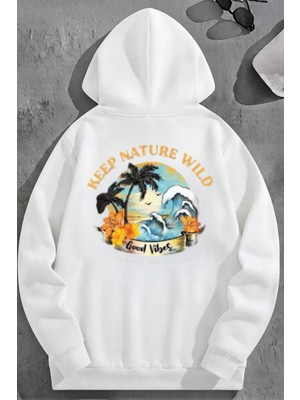 Kozz Style Unisex 3 Iplik Pamuklu Beyaz Keepnaturewild Baskı Bol Kalıp Sweatshirt Hoodie