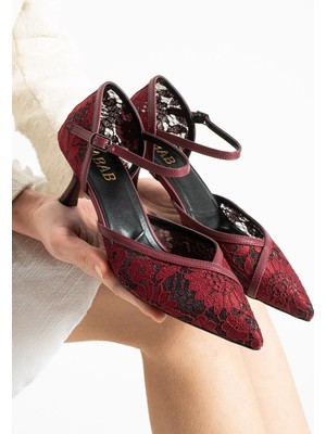 Dabab Shoes AMOUR Kadın Bordo Sivri Burun 6 cm Topuklu Dantel Dokulu Bilekten Bantlı Klasik Topuklu Ayakkabı