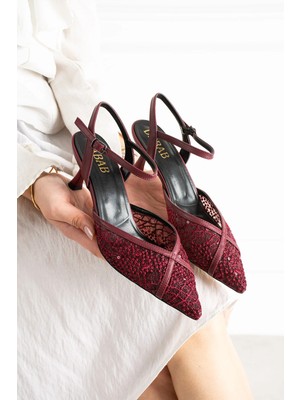 Dabab Shoes LACEVA Kadın Bordo Dantel Detaylı Sivri Burun 6 cm Topuklu Slingback Ayakkabı