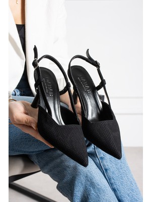 Dabab Shoes SNAPE Kadın Siyah Yılan Desenli Sivri Burun 7 cm Topuklu Slingback Ayakkabı