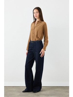 Gusto Örgü Kemerli Bol Paça Denim Pantolon - Lacivert