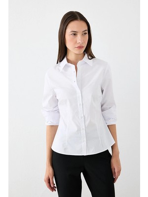 Gusto Manşeti Nakış Detaylı Slim Fit Koton Gömlek - Beyaz