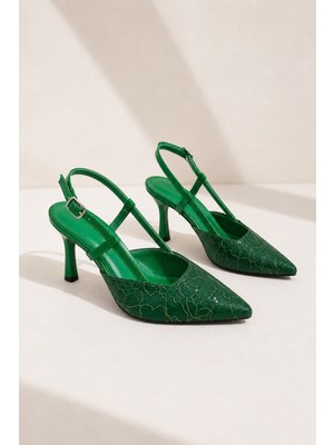 Lebibe Shoes Lısa Kadın Yeşil Sivri Burun 7 cm Topuklu Çiçek Dantel Desenli Rugan Slingback Ayakkabı