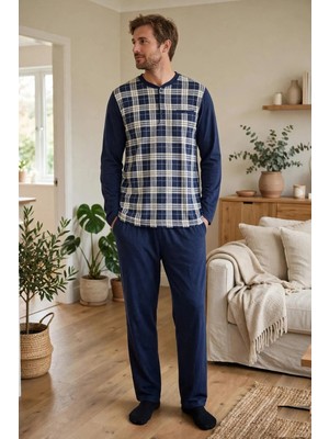 Çift Kaplan Erkek Ekose Arkası Düz Patlı Lacivert Pijama Takımı 8219