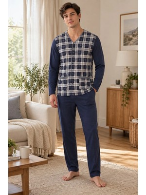 Çift Kaplan Erkek Ekose Önden Düğmeli Arka Düz Lacivert Pijama Takımı 8218