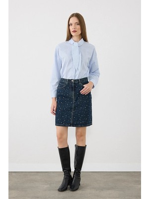 Gusto Taş Detaylı Mini Denim Etek - Lacivert
