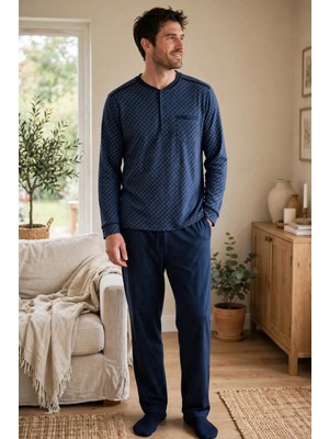 Çift Kaplan Erkek Küçük Kare Patlı Lacivert Pijama Takımı 8220