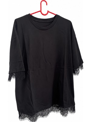 Kamiwear Kadın Siyah Dantel Detaylı Oversize Tişört
