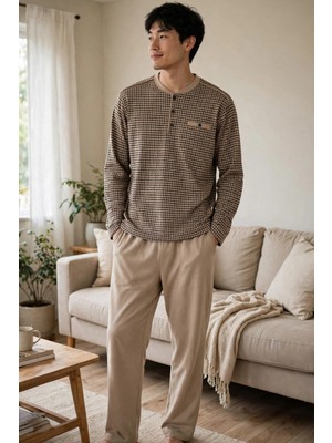 Çift Kaplan Erkek Kazayağı Desen Patlı Bej Pijama Takımı 8209
