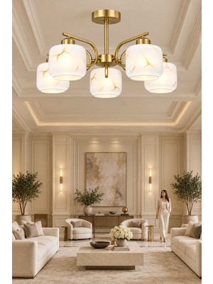 Esslight Aura 5’li Eskitme Plafonyer Mermer Desen Camlı Avize Salon Mutfak Yatak Odası