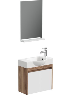 Aqua Bagno Minizia Banyo Dolabı  55 x 32  Cm. Doğal Ceviz  -Beyaz ,lavabo Dahil | Abs.50.35.06.03