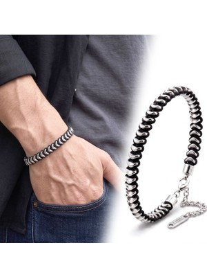 Fm 💎 Premium Parlak ve Şık Hematit Taşlı Ayarlanabilir Erkek 316L Çelik Bileklik 31832B16D2 - (22 cm)