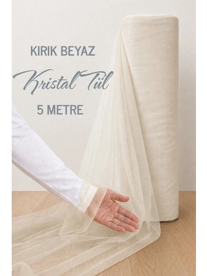 Azra Kına Kırık Beyaz Süsleme Tülü, 5 Metre Nişan Tülü Bohça Tülü, Gelin Damat Düğün Konvoy Kapı Valiz Süsleme, Ekru Kristal Tül, Hediye Süsü, 500 cm