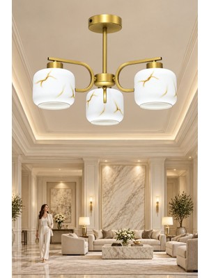 Esslight Aura 3’lü Eskitme Plafonyer Mermer Desen Camlı Avize Salon Mutfak Yatak Odası