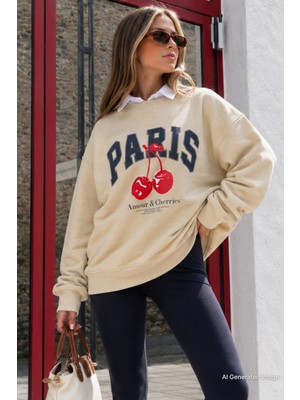 Madmext Bej Bisiklet Yaka Basic Sweatshirt MG2233