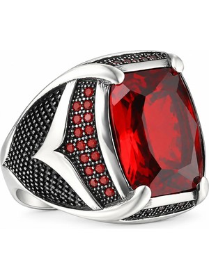Mirari Jewelry Garnet Taşlı Zirkon Detaylı Erkek Yüzük | Premium 0,40 Mikron Gümüş Kaplama