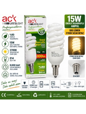 Ack Ultralight 15W E14 Enerji Tasarruflu Spiral Ampul 2700K Sarı Işık 800 Lümen