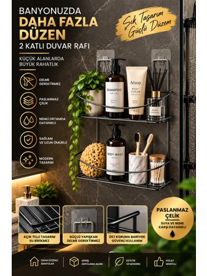 Mecra Life 2 Katlı Banyo Rafı Paslanmaz Çelik – Delmeden Duvara Monte Siyah Duş Rafı Şampuanlık Banyo Organizer Düzenleyici