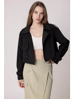 Vitrin Astarlı Önü Düğmeli Crop Trençkot