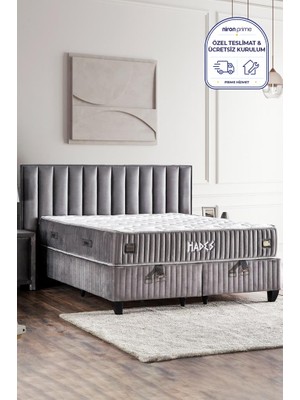 Niron Yatak Hades Yatak Baza ve Başlık Seti 140x190 cm Çift Kişilik Paket Yaylı Lüks Yatak Koyu Gri Baza Başlık